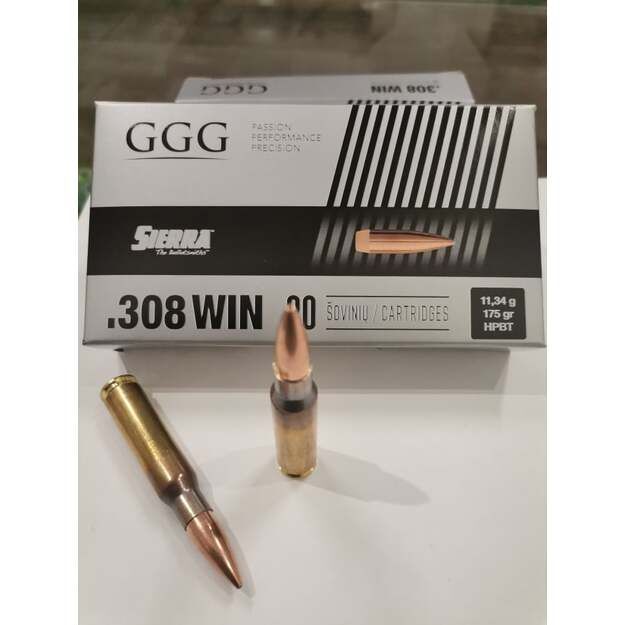 .308 WIN, 175 gr (11,3 g. ) HPBT Sierra MatchKing bullet, GGG